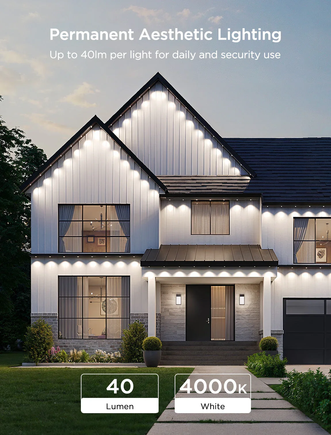 Task-Smart installtion of house roof line in permanent aesthetic lighting up to 40 lumens, 4000K white color in Kissimmee Florida