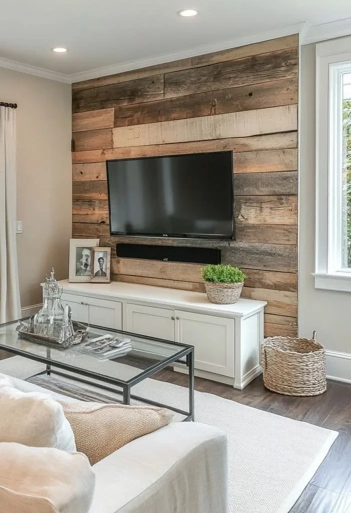 Living room with a wall of reclaimed wood, a mounted flat-screen TV, a white cabinet, framed photos, a potted plant, a wicker basket, a glass coffee table, and a beige sofa.
