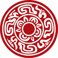A circular red and white pattern with abstract, maze-like designs and a sun symbol in the center.