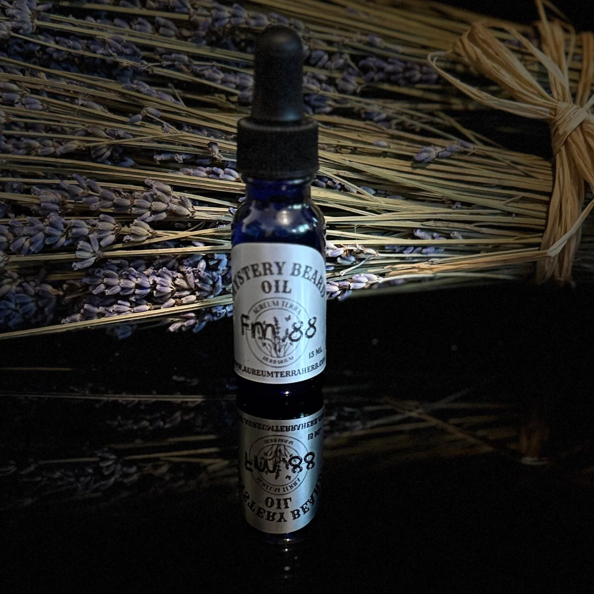 Mystery Beard Oil Formula 88 by Aureum Terra Herb, Osha root infused beard oil in glass dropper bottle