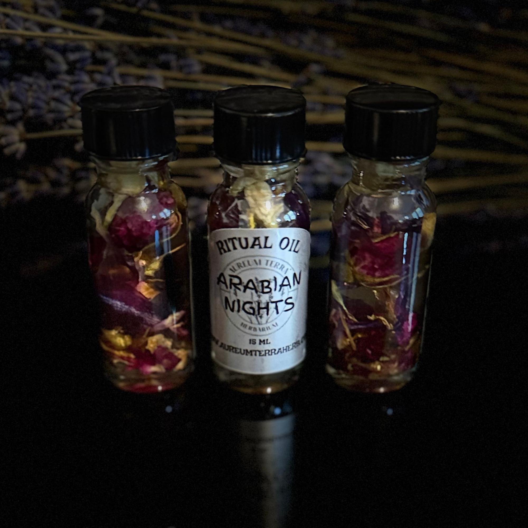 15ml bottle of Arabian Nights Ritual Intention Oil by Aureum Terra Herbarium for magnetic charm and social allure