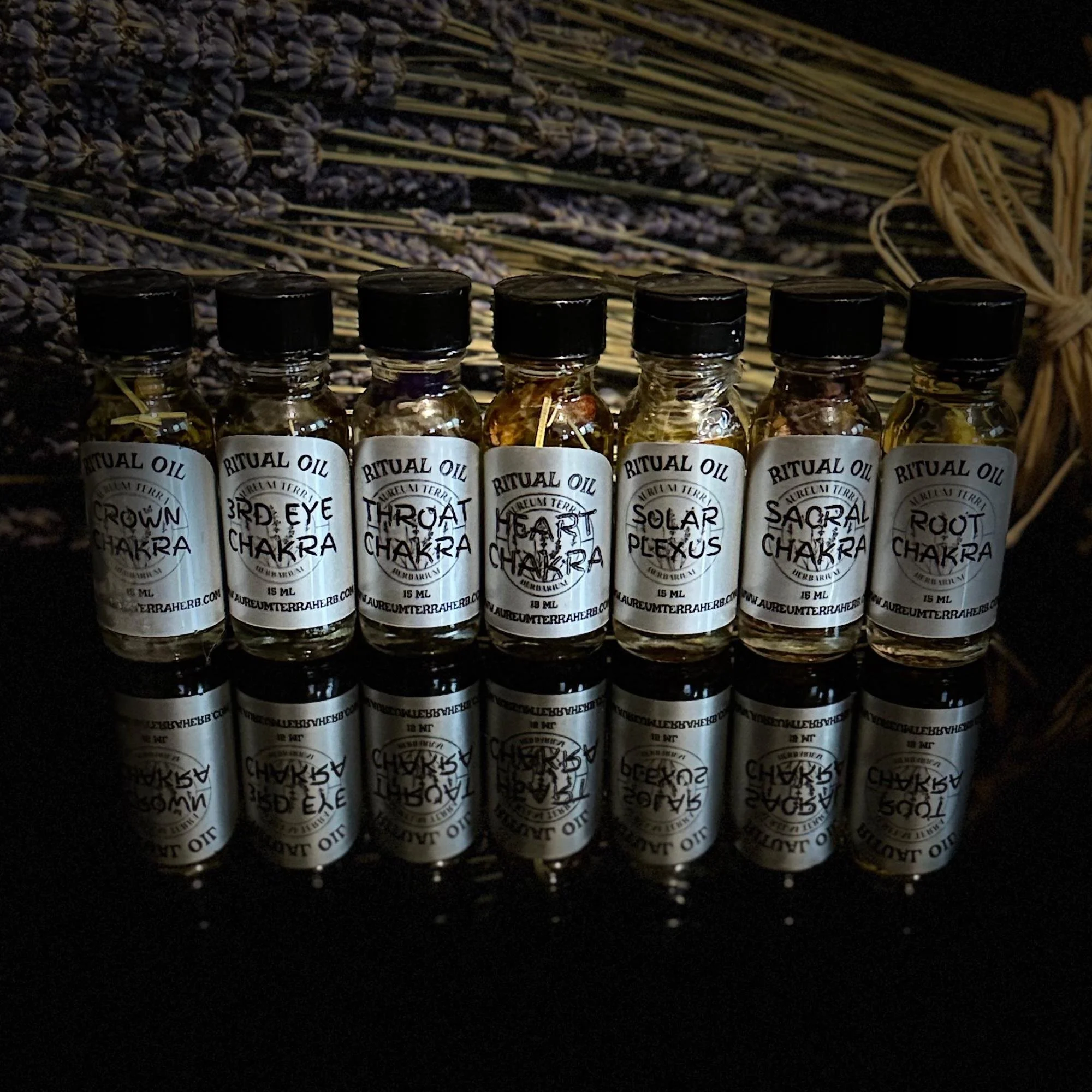 The Chakra Collection ritual intention oils by Aureum Terra Herb for balancing and aligning all seven chakras