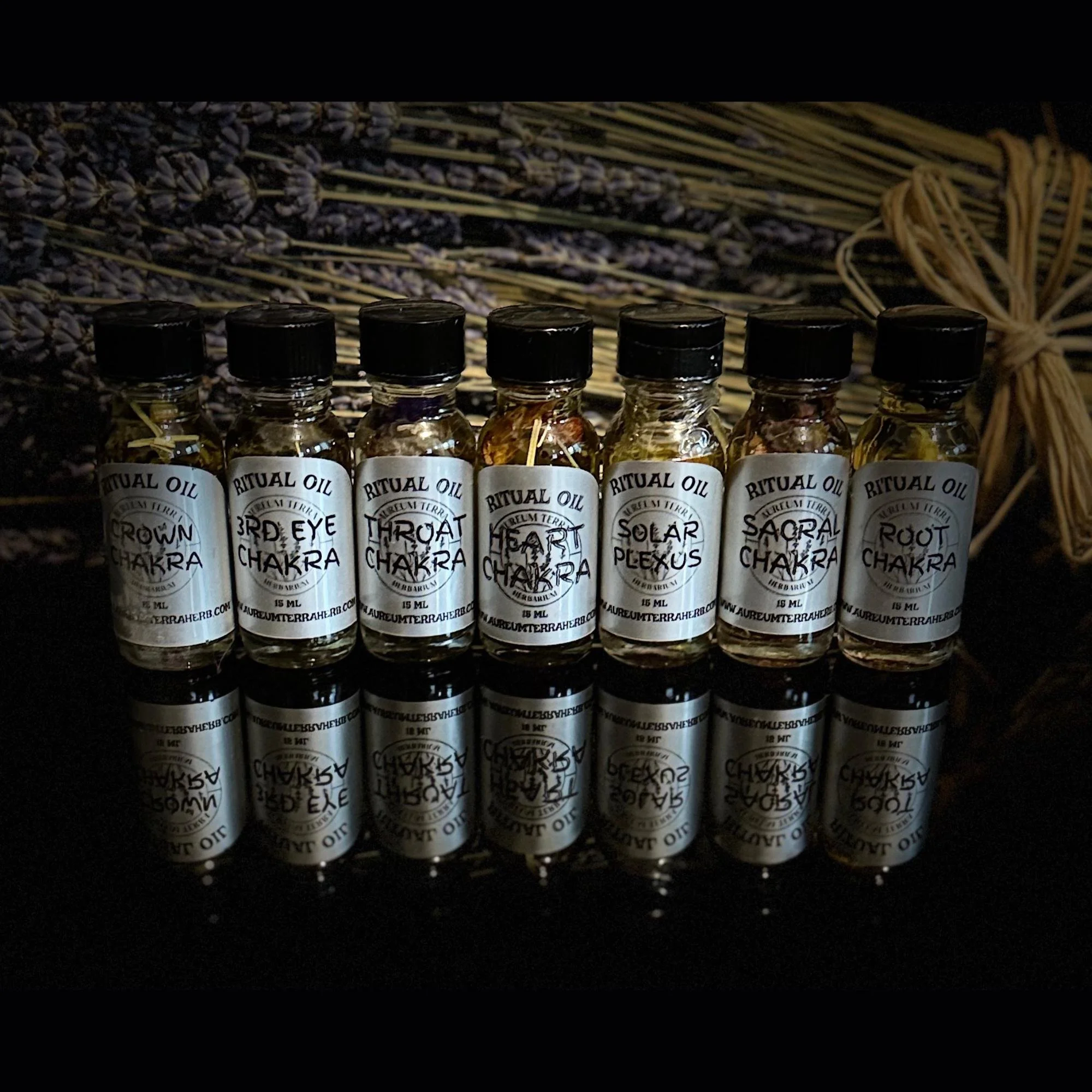 The Chakra Collection ritual intention oils by Aureum Terra Herb for balancing and aligning all seven chakras
