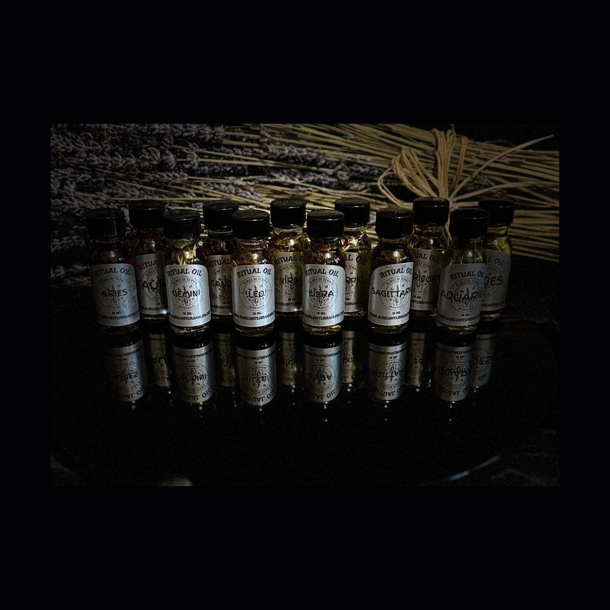 Astrological ritual oil collection by Aureum Terra Herbarium aligned with zodiac and planetary energies