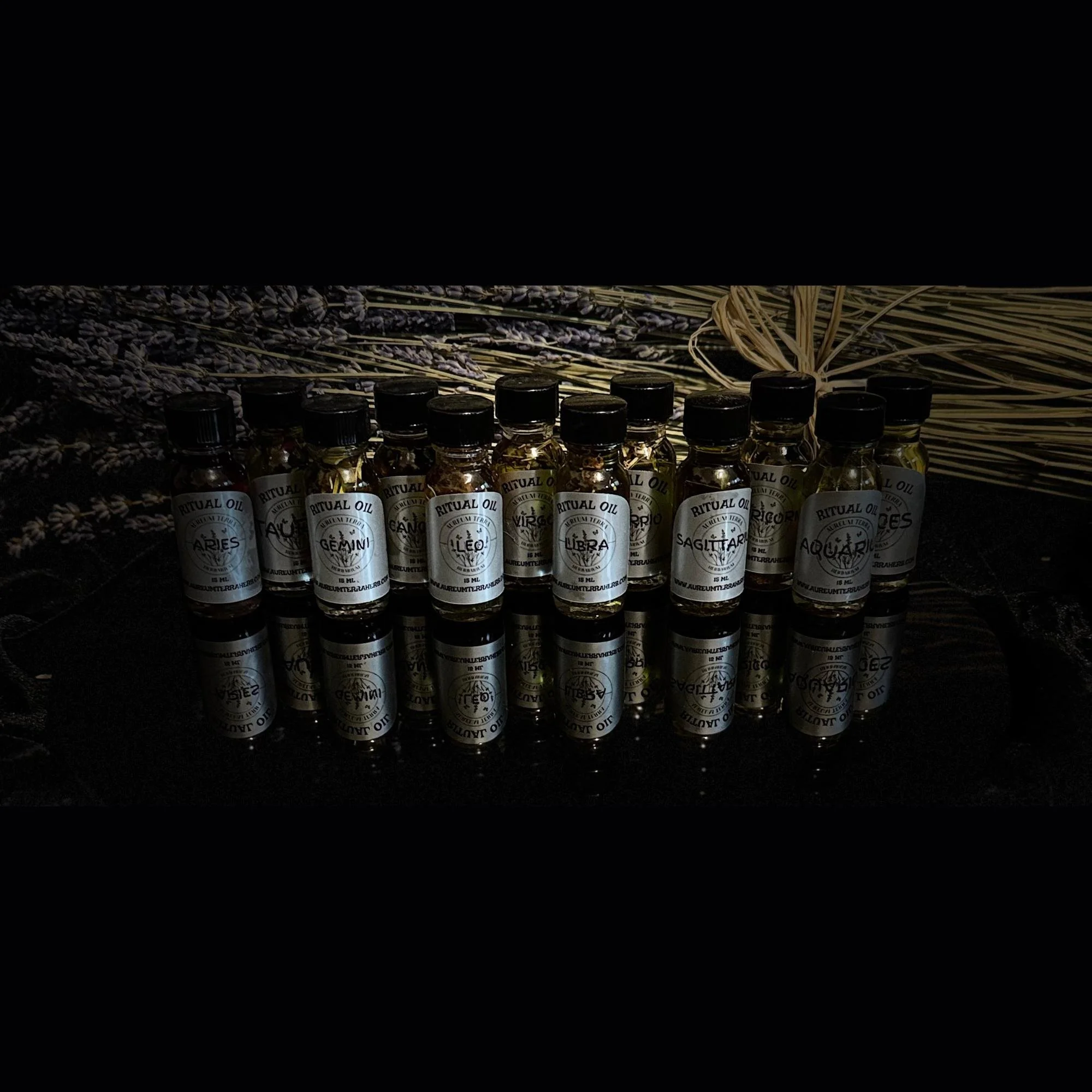Astrological ritual oil collection by Aureum Terra Herbarium aligned with zodiac and planetary energies