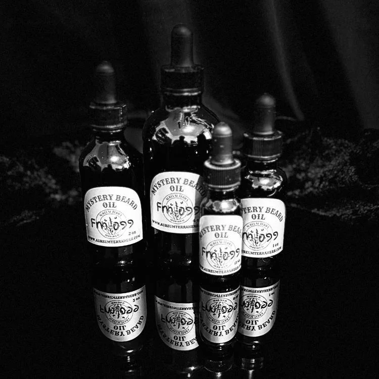 Mystery Beard Oil Formula 99 by Aureum Terra Herb in glass dropper bottle for thick, coarse beard nourishment