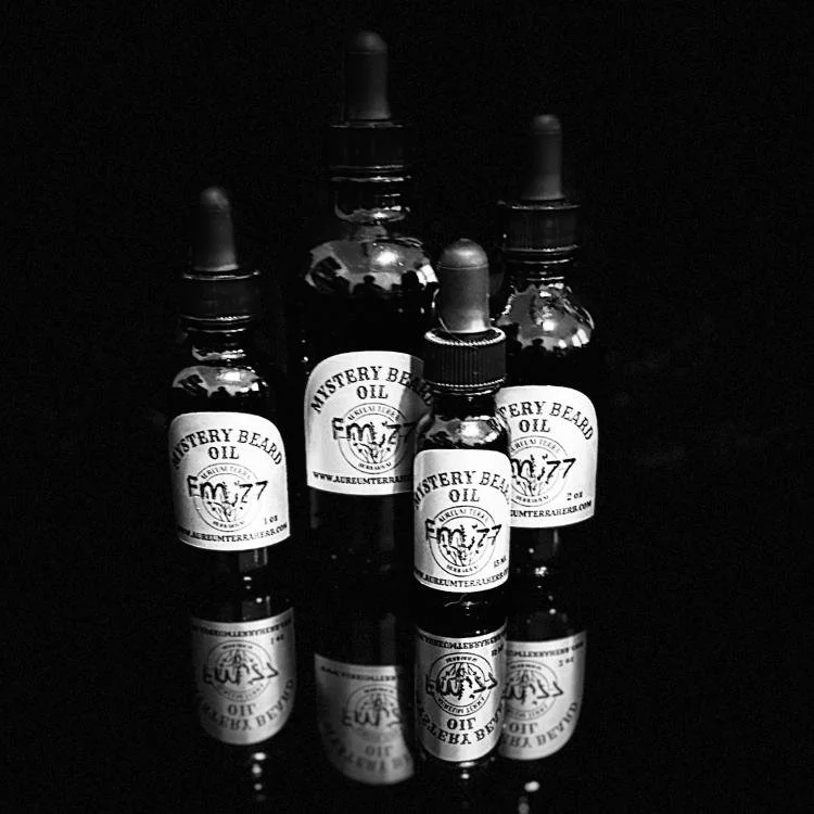 Mystery Beard Oil Formula 77 by Aureum Terra Herb in glass dropper bottle, spicy citrus beard oil for bold grooming