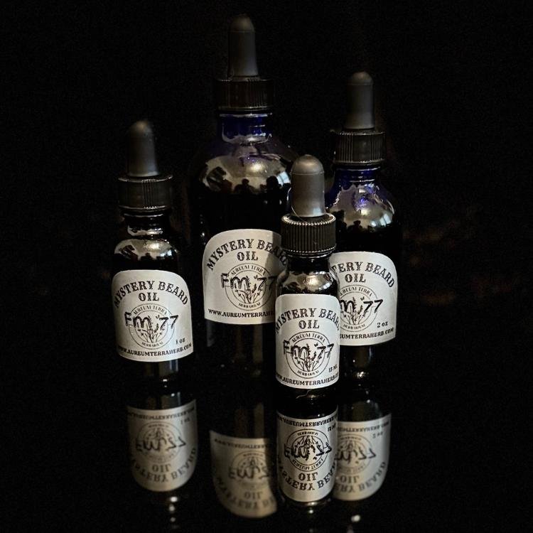 Mystery Beard Oil Formula 77 by Aureum Terra Herb in glass dropper bottle, spicy citrus beard oil for bold grooming
