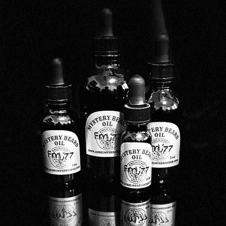 Mystery Beard Oil Formula 77 by Aureum Terra Herb in glass dropper bottle, spicy citrus beard oil for bold grooming