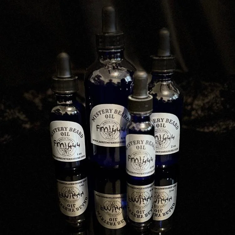 Mystery Beard Oil Formula 444 by Aureum Terra Herb, a premium beard oil with earthy, smooth scent and natural shine