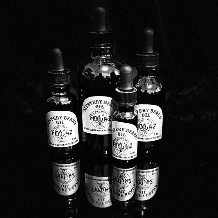 Mystery Beard Oil Formula 42 by Aureum Terra Herb with oakmoss, pine needle, and myrrh in refillable glass bottle