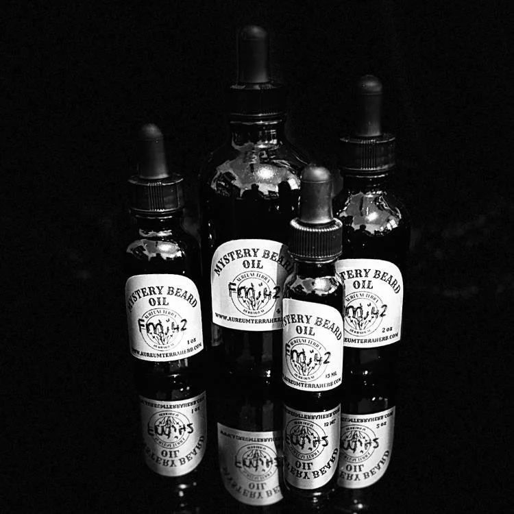 Mystery Beard Oil Formula 42 by Aureum Terra Herb with oakmoss, pine needle, and myrrh in refillable glass bottle