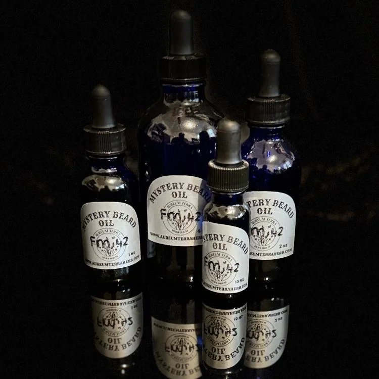 Mystery Beard Oil Formula 42 by Aureum Terra Herb with oakmoss, pine needle, and myrrh in refillable glass bottle