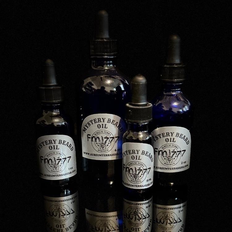 Mystery Beard Oil by Aureum Terra Herb with cajeput, cubeb, and night blooming jasmine in refillable glass bottle