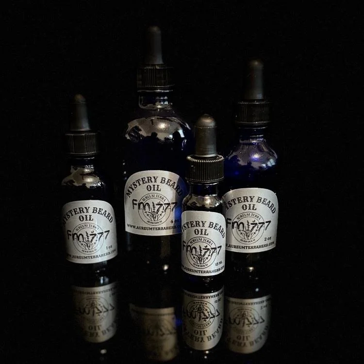 Mystery Beard Oil by Aureum Terra Herb with cajeput, cubeb, and night blooming jasmine in refillable glass bottle