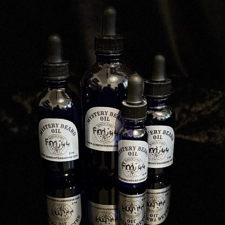 Mystery Beard Oil Formula 44 by Aureum Terra Herb with cardamom, galbanum, and cedarwood in refillable glass bottle