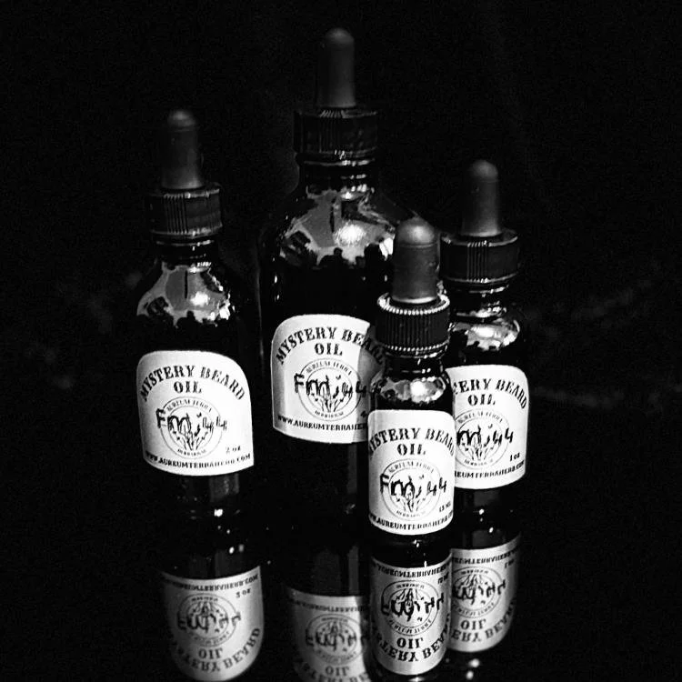 Mystery Beard Oil Formula 44 by Aureum Terra Herb with cardamom, galbanum, and cedarwood in refillable glass bottle