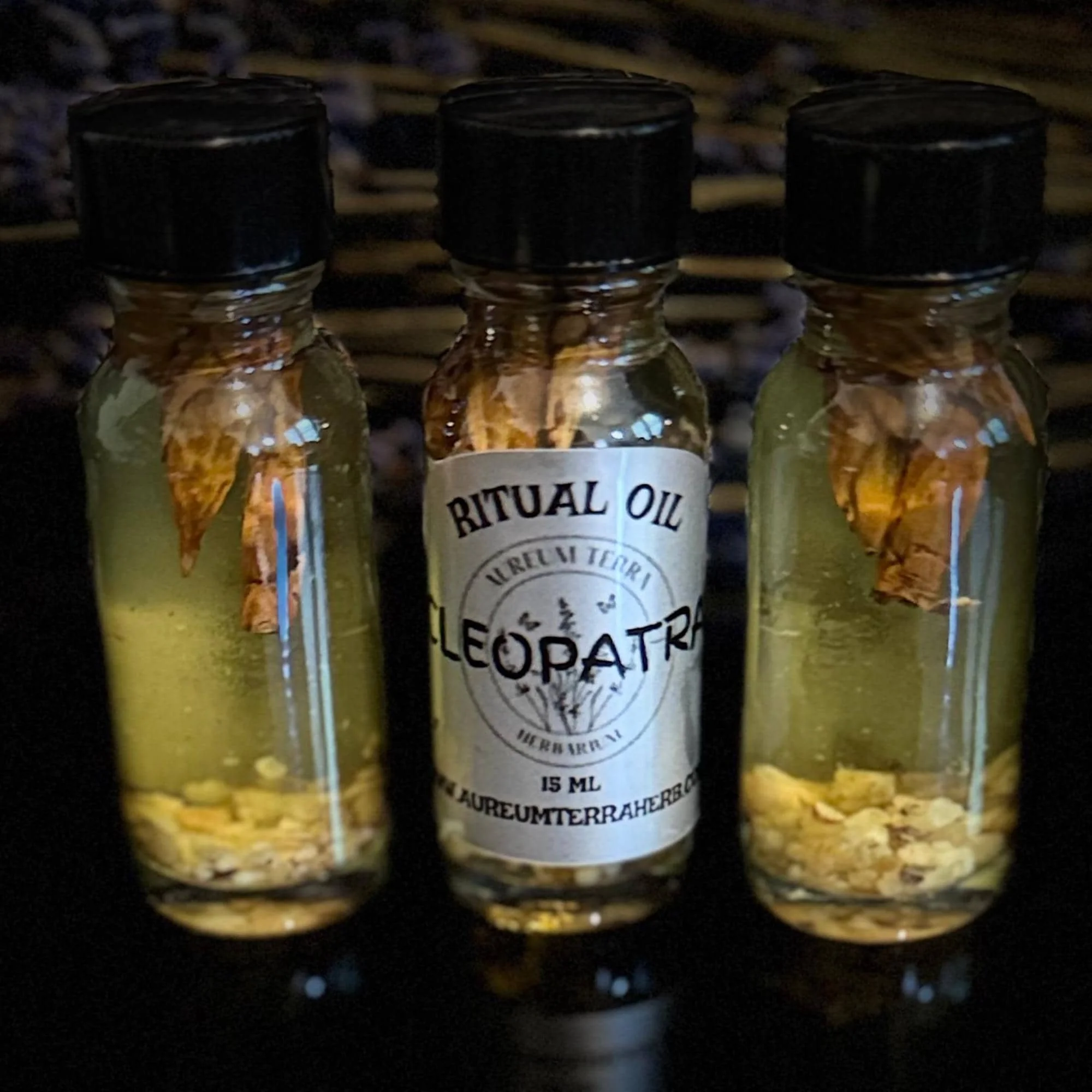 15ml bottle of Cleopatra Ritual Intention Oil by Aureum Terra Herbarium for seduction, confidence, and sovereignty