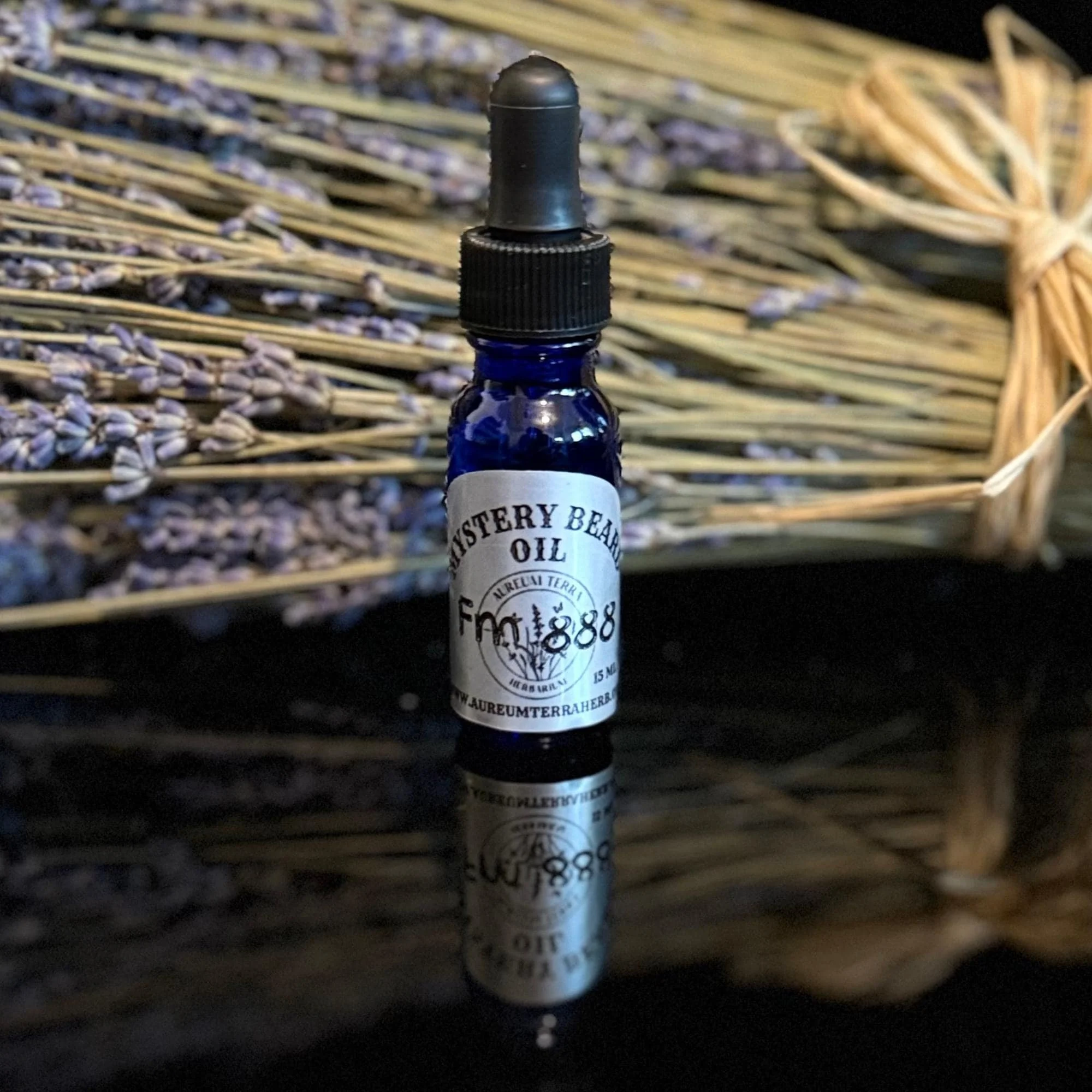 Mystery Beard Oil Formula 888 by Aureum Terra Herb, Osha root infused beard oil in glass dropper bottle