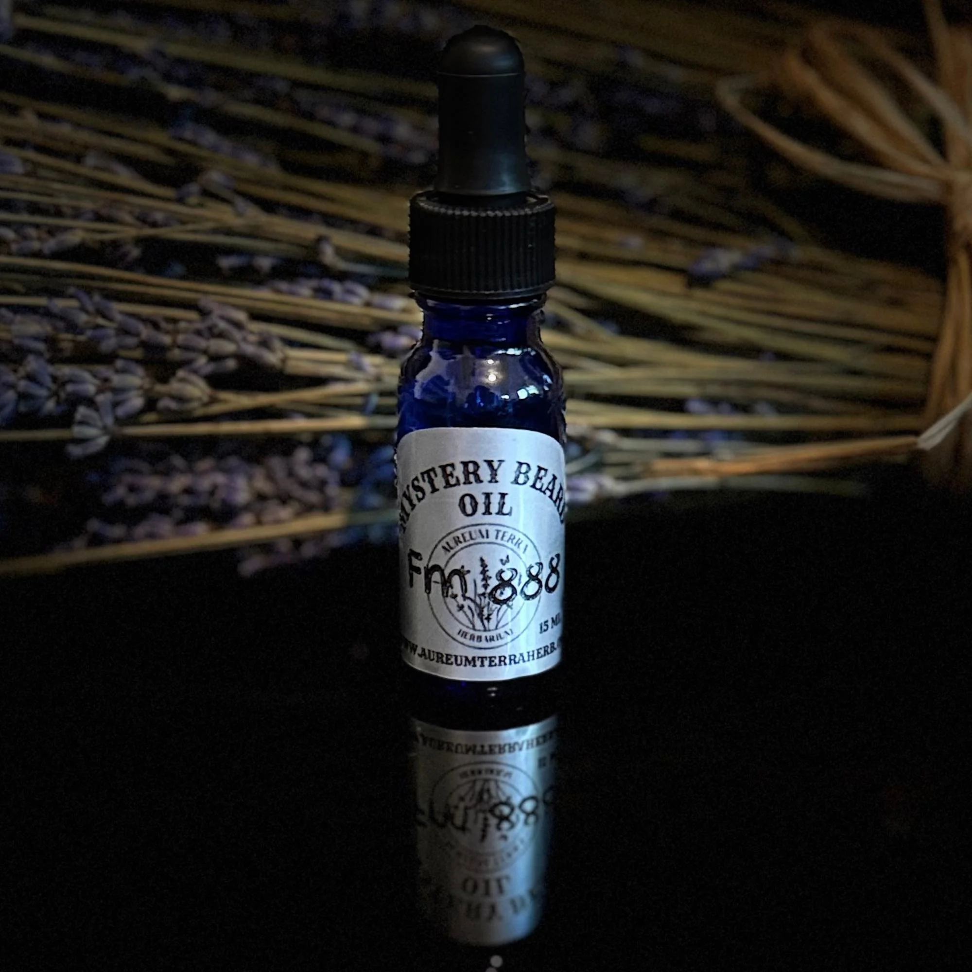 Mystery Beard Oil Formula 888 by Aureum Terra Herb, Osha root infused beard oil in glass dropper bottle