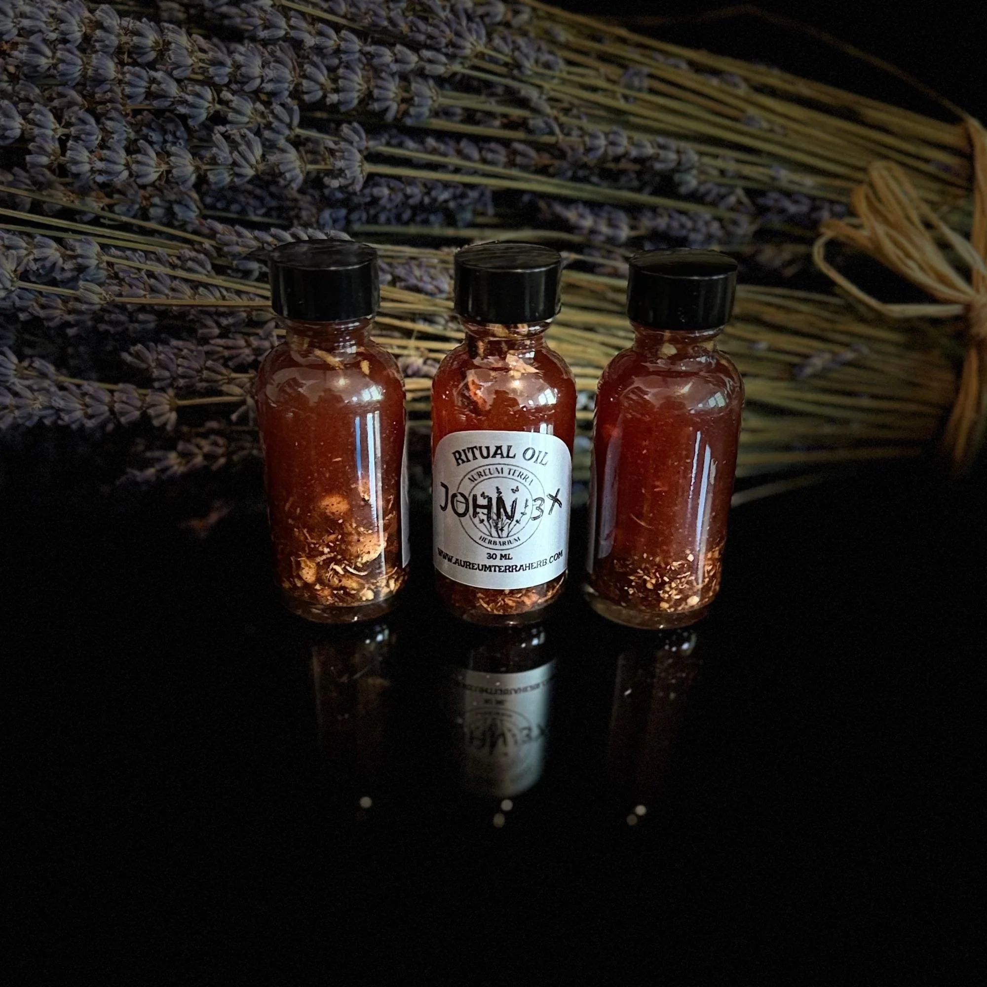 30ml bottle of John 3X ritual intention oil by Aureum Terra Herbarium made with High John, Beth Root, and Galangal