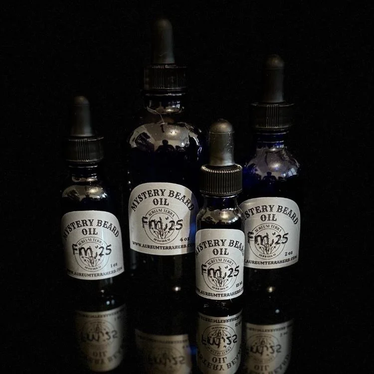 Mystery Beard Oil Formula 25 by Aureum Terra Herb with harshinanger jasmine, oakmoss absolute, and saffron in refillable glass bottle