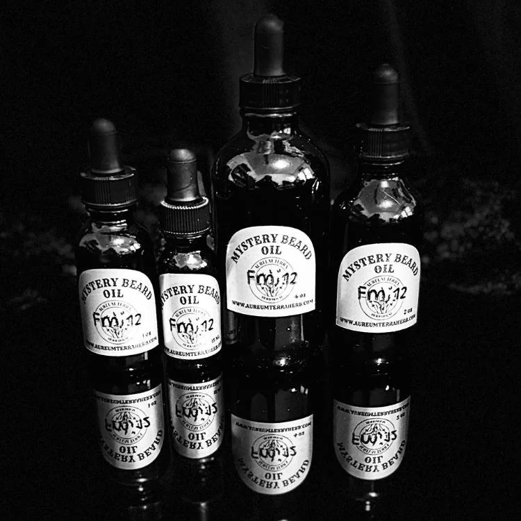 Mystery Beard Oil Formula 12 by Aureum Terra Herbarium in glass dropper bottle with spicy citrus essential oil blend
