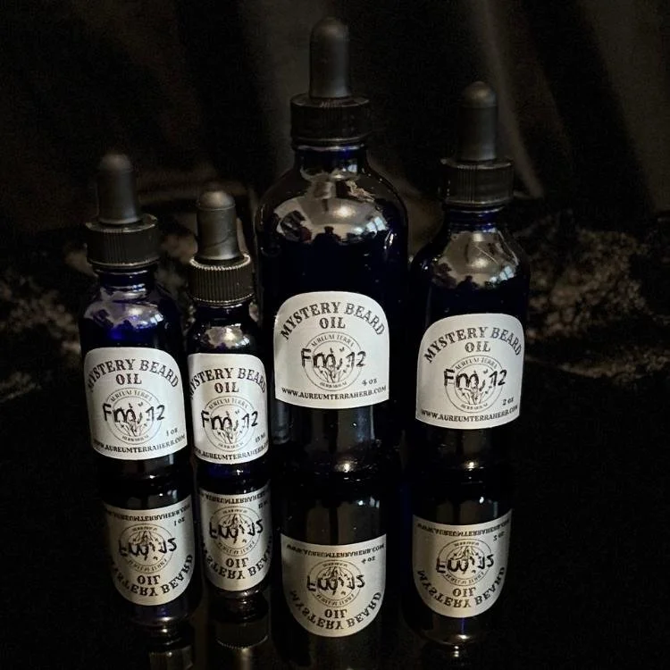 Mystery Beard Oil Formula 12 by Aureum Terra Herbarium in glass dropper bottle with spicy citrus essential oil blend
