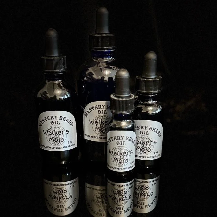 Walker’s Mojo Beard Oil by Aureum Terra Herb in glass dropper bottle, resinous blend for coarse beard care