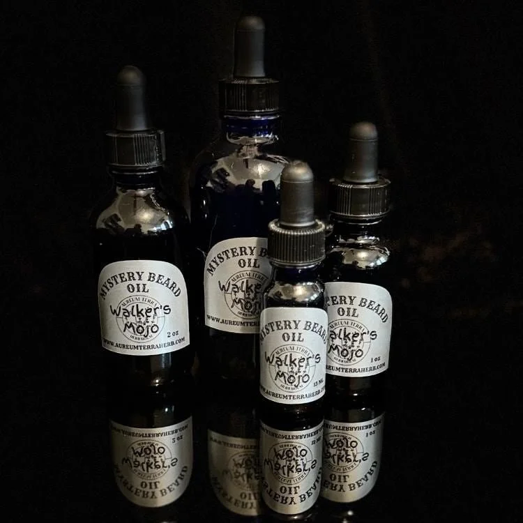 Walker’s Mojo Beard Oil by Aureum Terra Herb in glass dropper bottle, resinous blend for coarse beard care