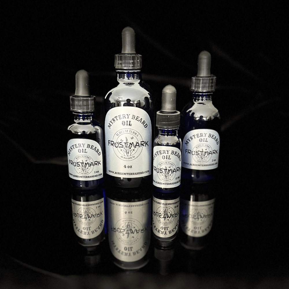 Mystery Beard Oil by Aureum Terra Herb with pine needle, spruce hemlock, and balsam tolu in refillable glass bottle