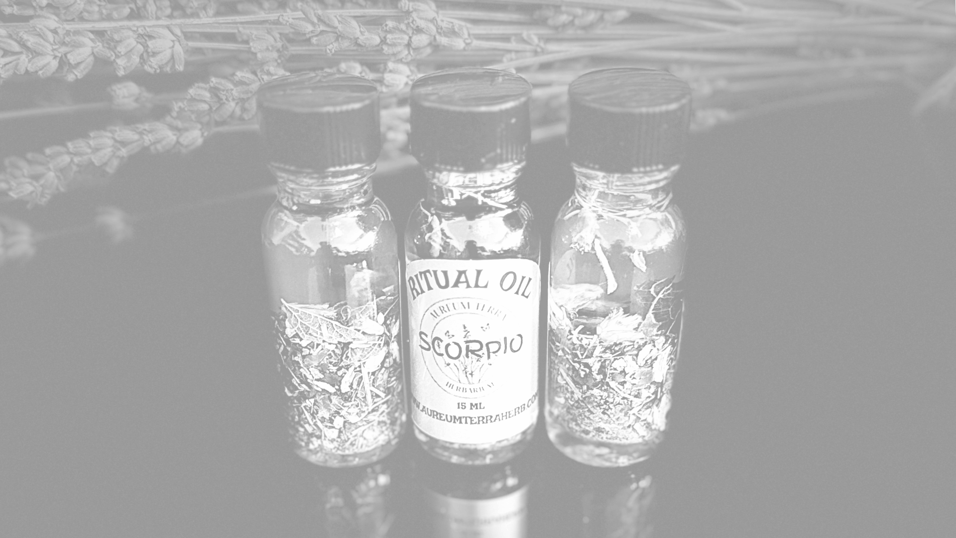 Three small bottles labeled 'Ritual Oil,' with the middle bottle labeled 'Scorpio,' surrounded by dried herbs or flowers.