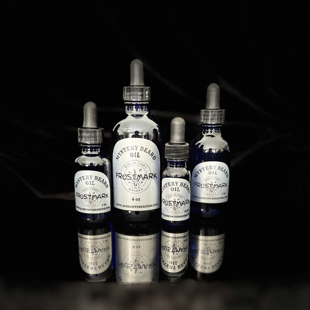 Mystery Beard Oil by Aureum Terra Herb with pine needle, spruce hemlock, and balsam tolu in refillable glass bottle