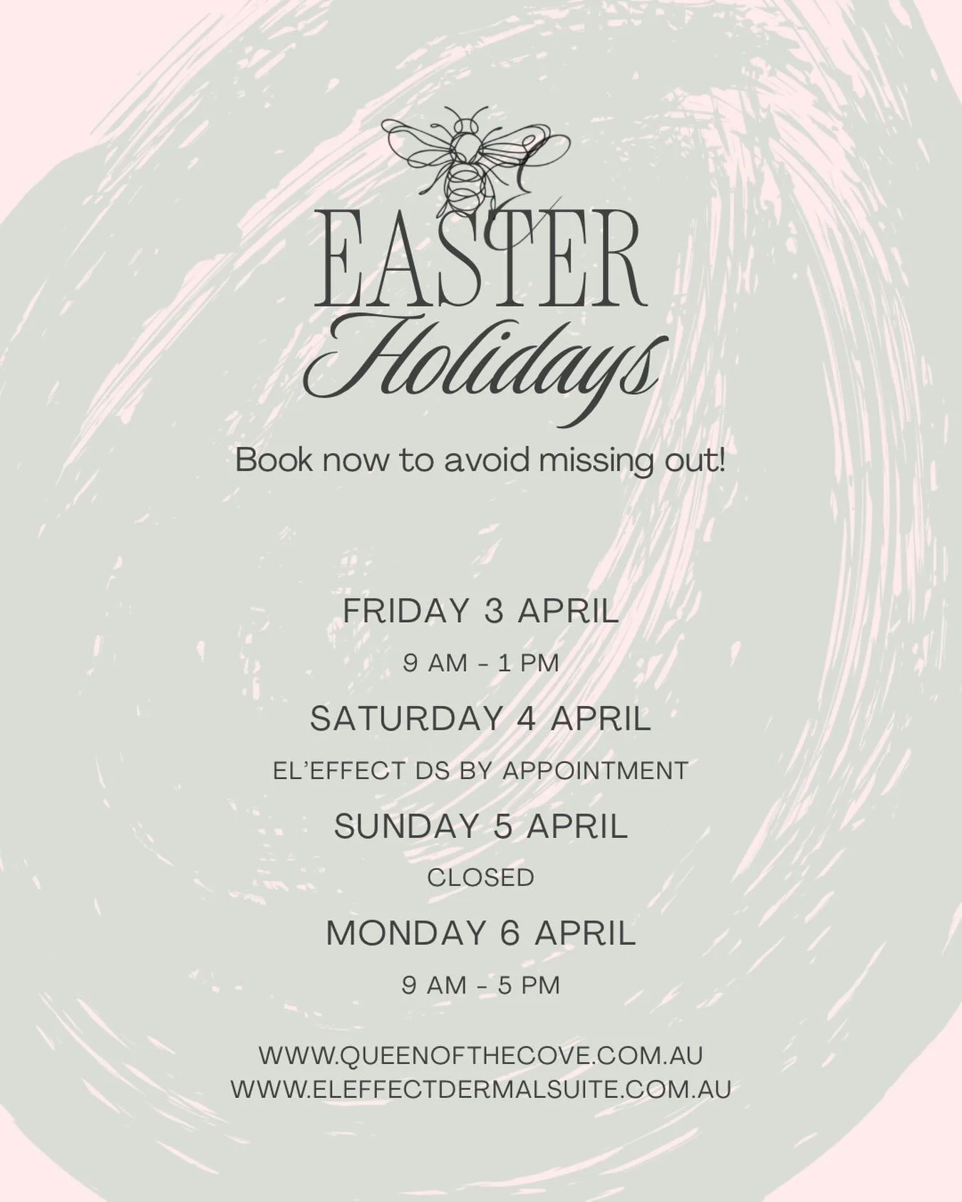 Looking for an appointment to refresh over Easter? 

Make sure to book now to avoid missing out. Very limited appointments available.

Queen of the Cove x El&rsquo;effect Dermal Suite
Shop 8C, 20-26 Addison Street, Shellharbour Village

💗 Beyond the