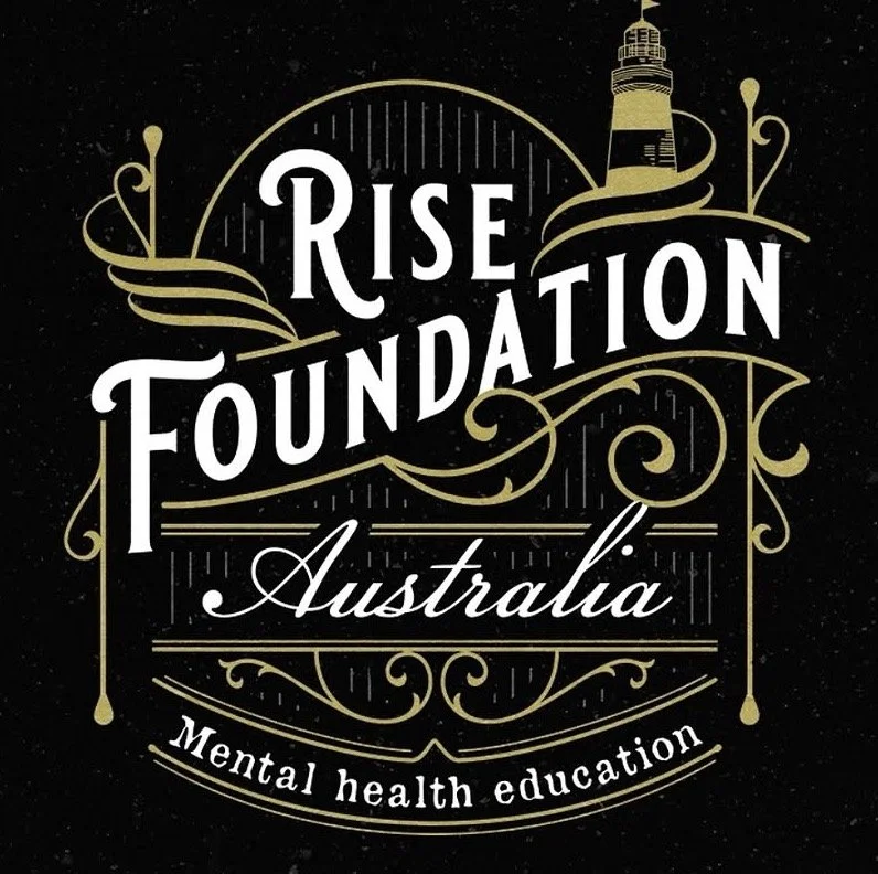 Logo with decorative gold lines and a lighthouse, featuring the text 'Rise Foundation Australia Mental Health Education' on a black background.