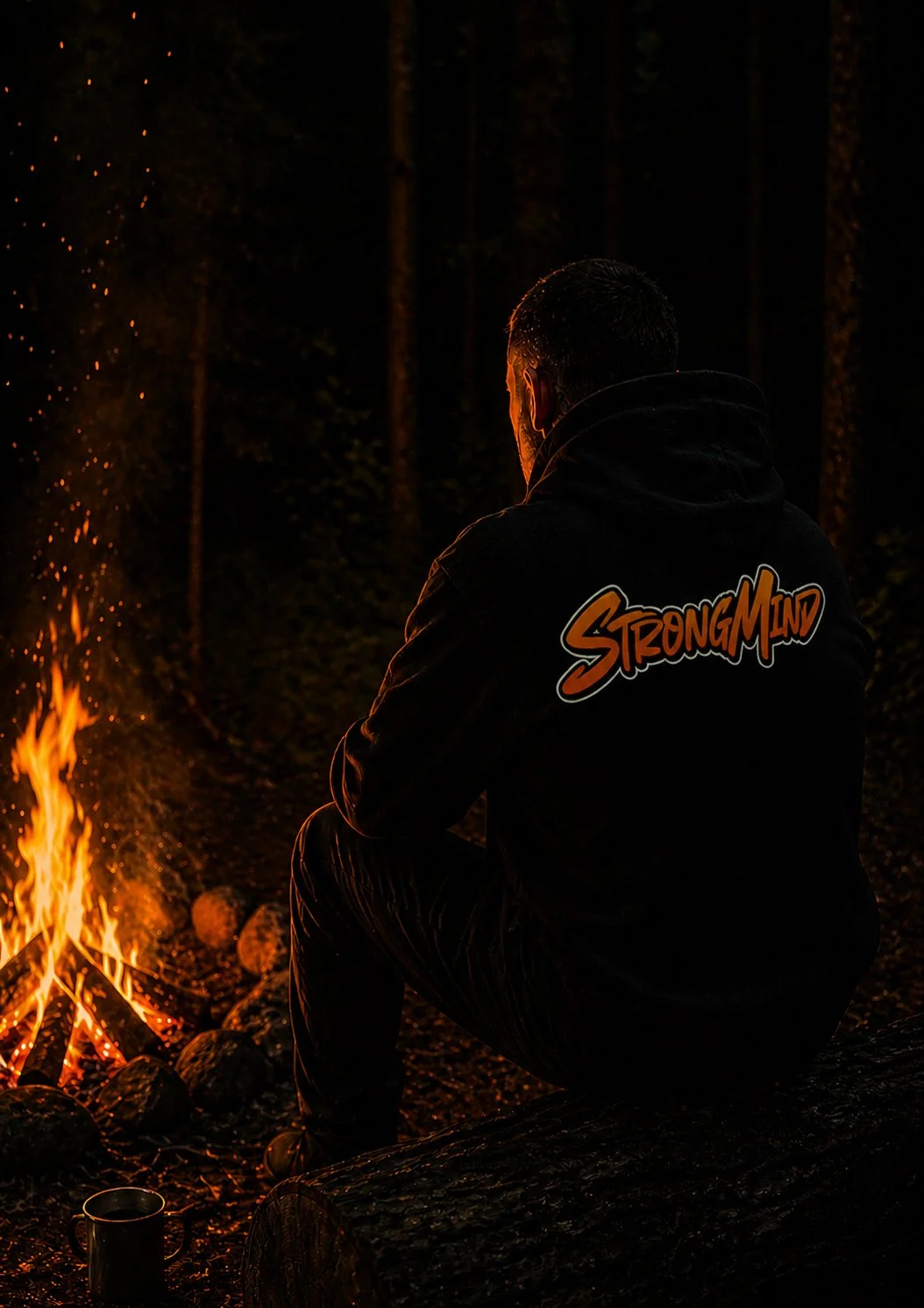 A person with short hair wearing a black hoodie with the words 'Strong Mind' on the back, sitting near a campfire in a dark forest at night.
