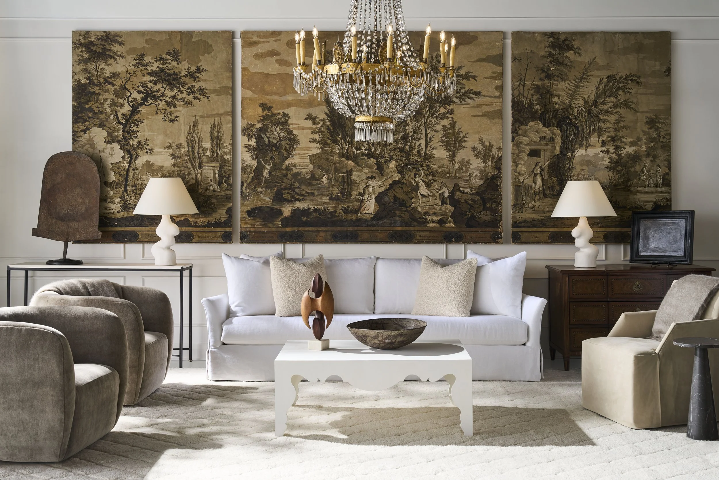 Massoud transitional living room with green chairs and ivory fireplace