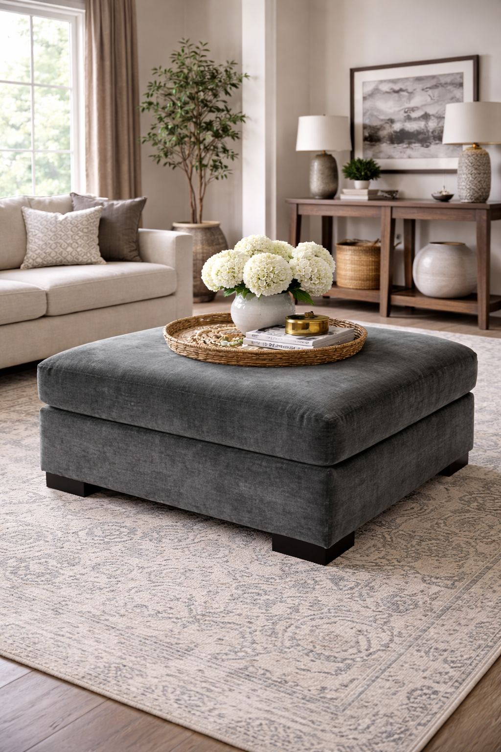 Square ottoman gray with tray and white florals