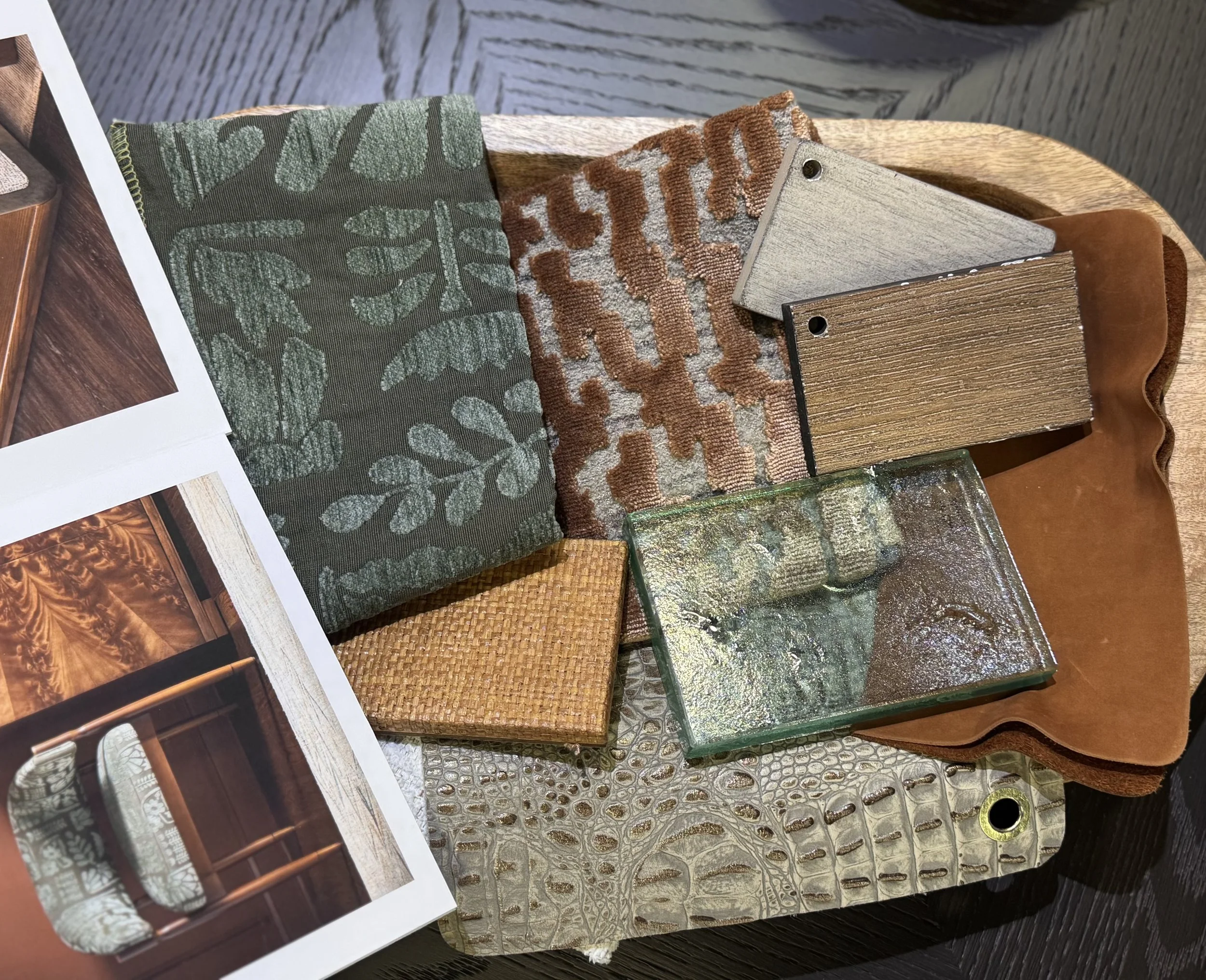 the warm earth palettes in texture - crocodile, watery glass, sisal, wire brushed woods