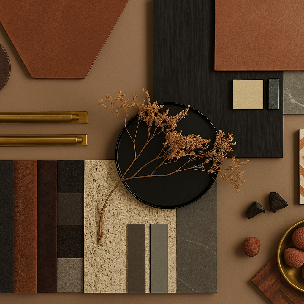 Flat lay of interior decor, including various textured color samples, a black round tray with dried plant, and small decorative objects on a beige background.