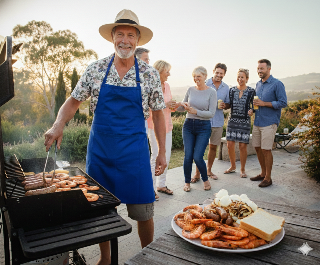 A man grilling sausages and hot dogs on an outdoor barbecue, surrounded by a group of smiling people standing and talking, with a plate of shrimp, oysters, bread, and sausage on the table in the foreground, during sunset.