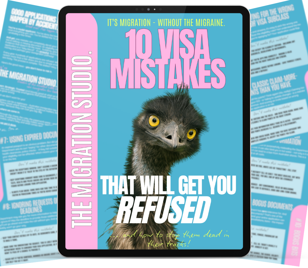 A book cover titled '10 Visa Mistakes That Will Get You Refused' with a bird image and pink and blue text on a digital tablet screen, surrounded by informational pamphlets.
