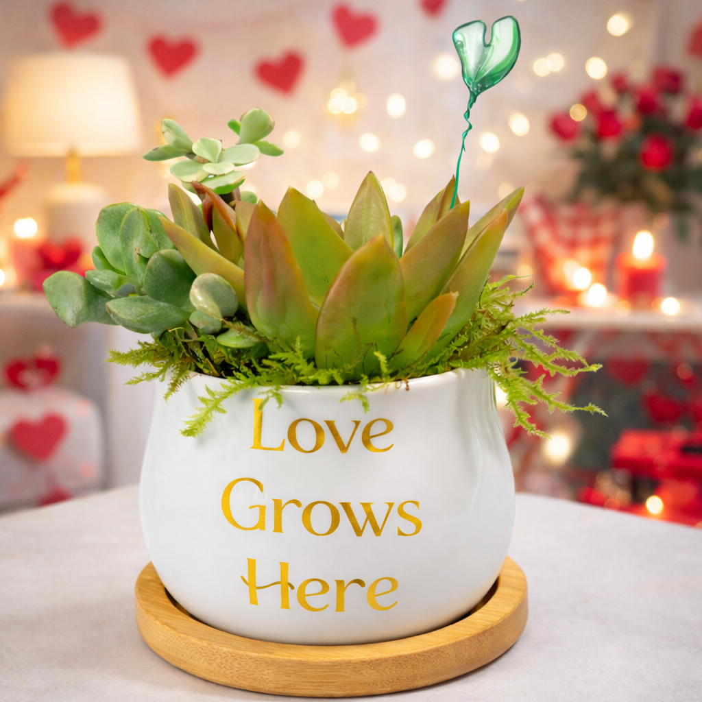 Love Grows Here Succulent Arrangement (Gold Lettering)