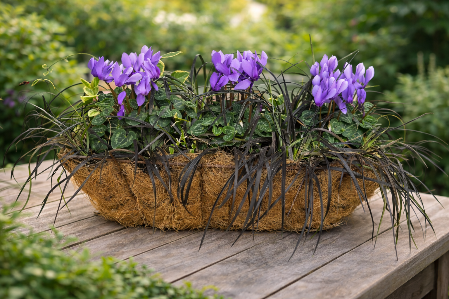 Cyclamen & Black Mondo Outdoor Basket Planter