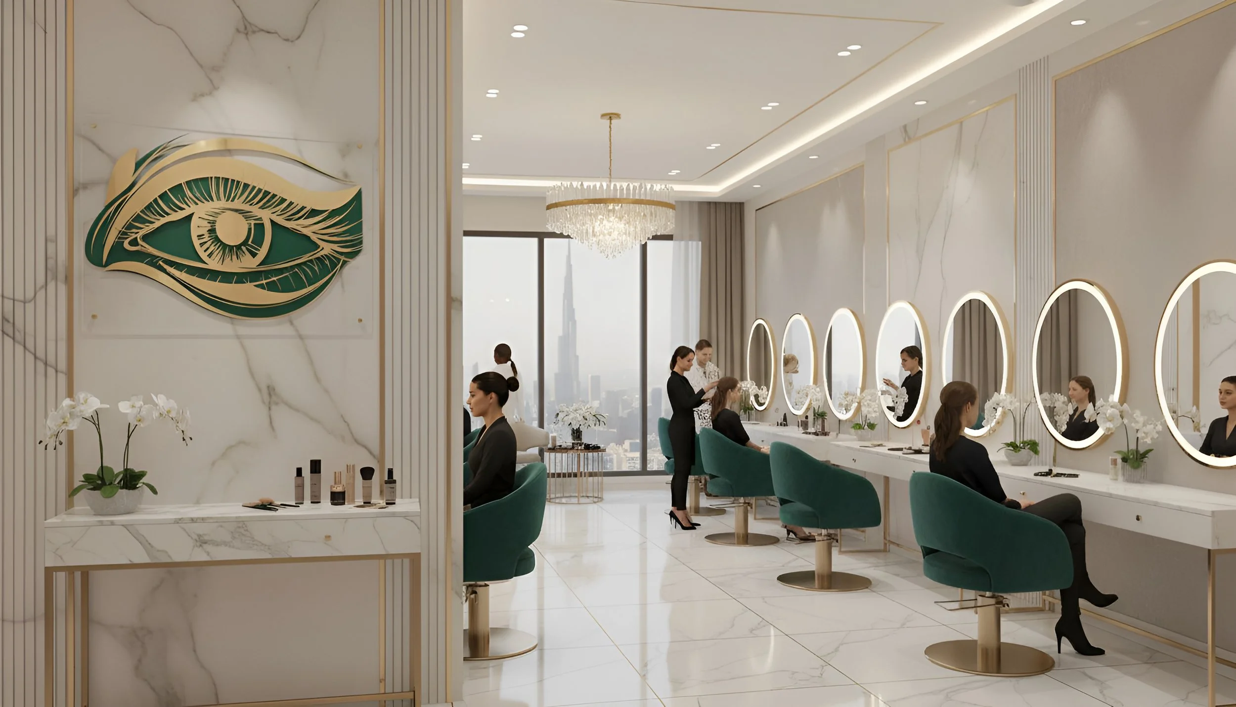 A luxury makeup salon with multiple mirrors and teal chairs. Several women are seated getting their hair or makeup done, with a stylist working on one. The salon features marble walls and floors, a chandelier, and a large window offering a city view.