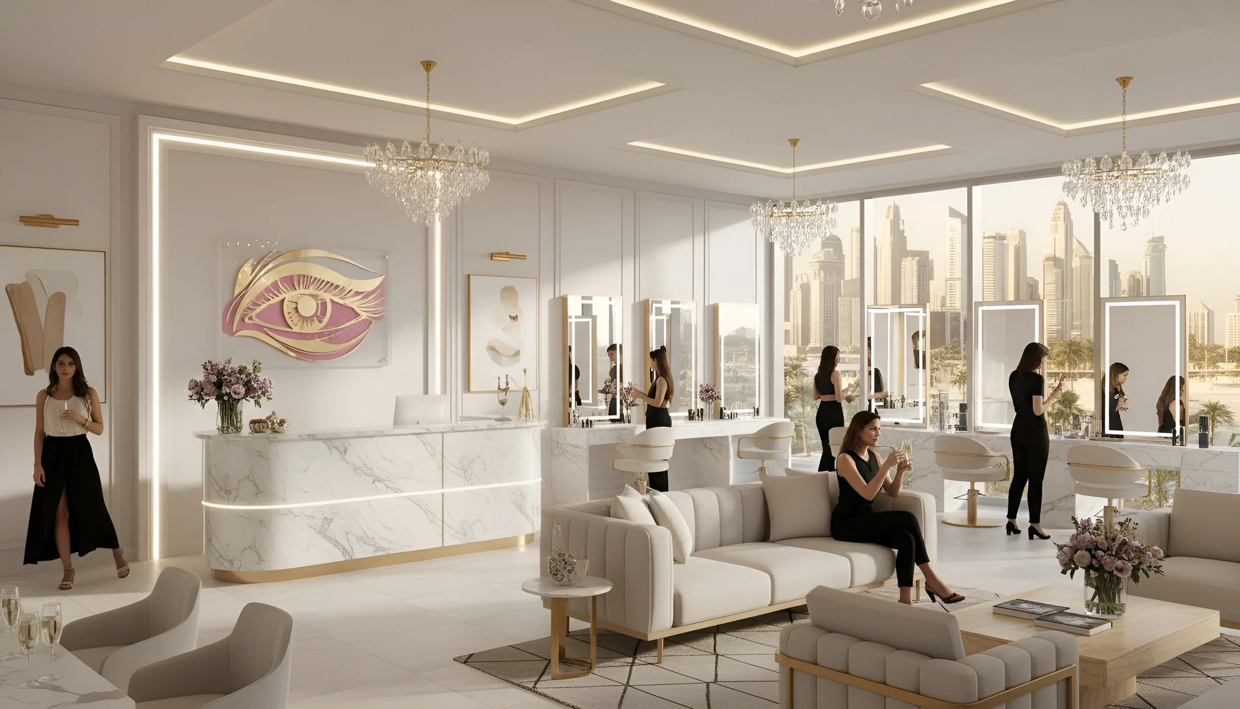 Luxury beauty salon with white marble accents, chandeliers, large windows showcasing a city skyline, and women getting hair and makeup services.