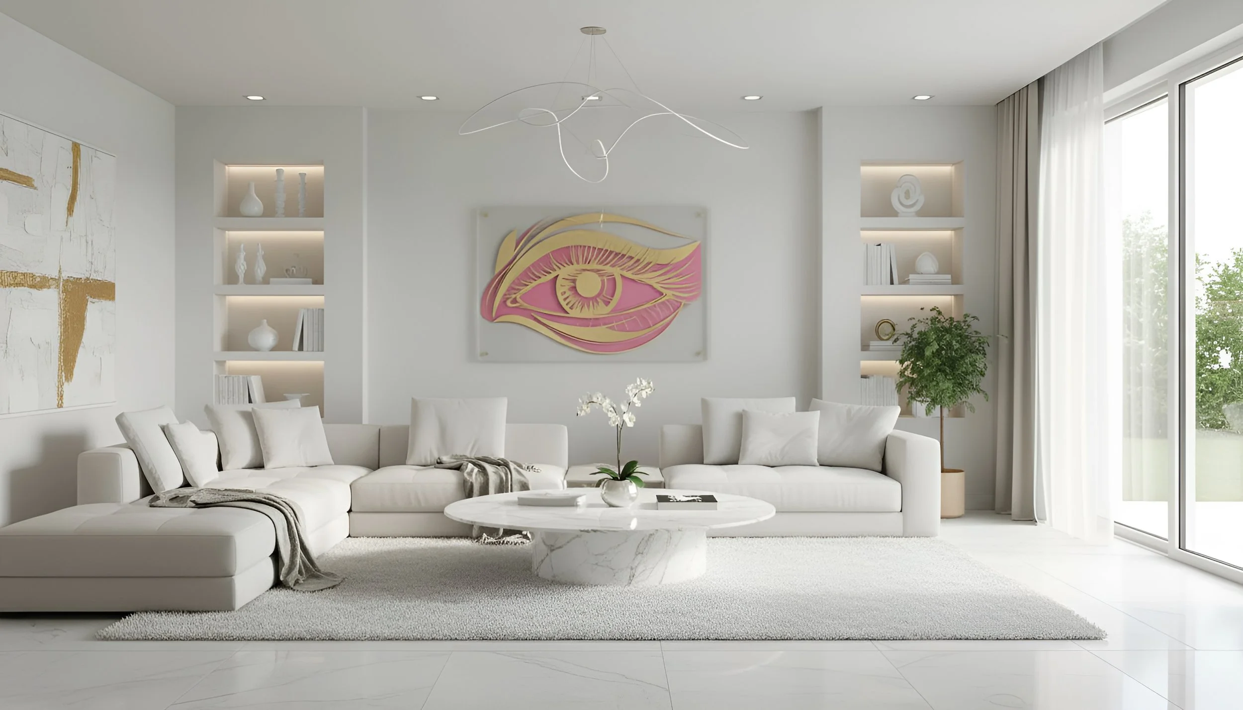 Modern, minimalist white living room with a large sectional sofa, a marble coffee table, built-in wall shelves with decorative items, a large abstract eye artwork on the wall, a potted plant, and sliding glass doors with sheer curtains letting in nat