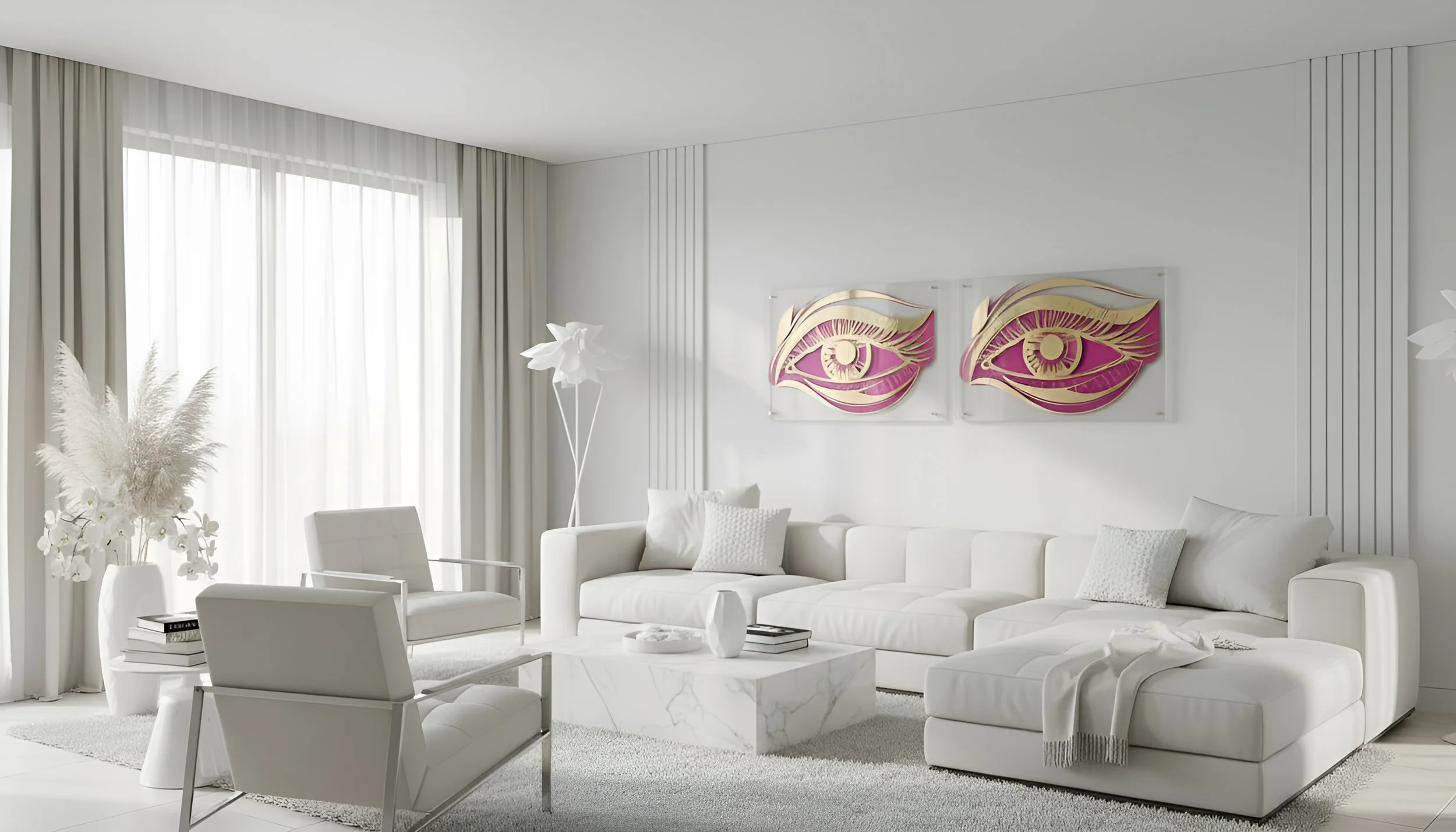 Bright living room with white furniture, abstract eye artwork on the wall, and large windows with sheer curtains.