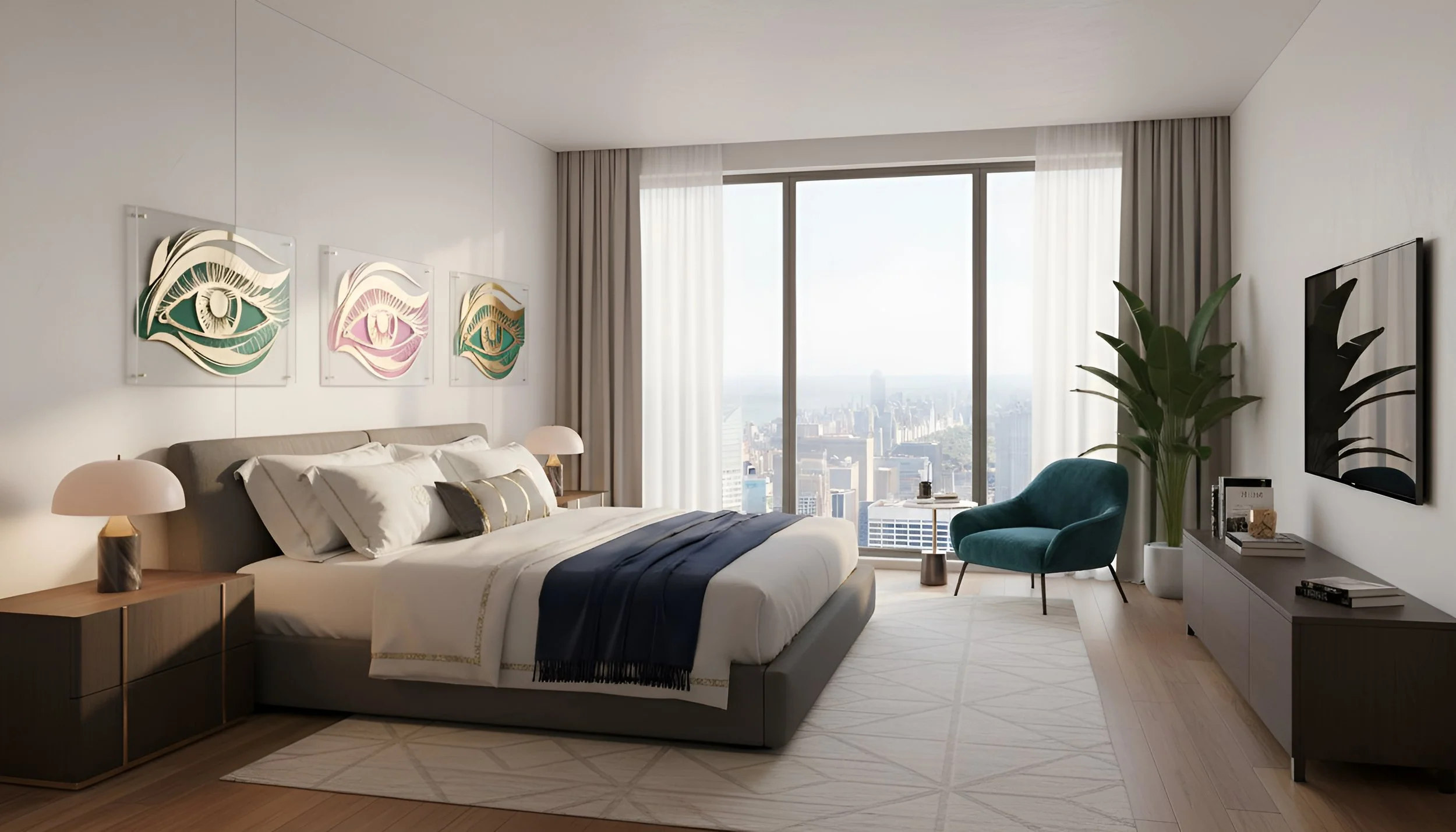 Modern bedroom with large window view of city skyline, white walls, gray bed with white and gold linens, dark blue throw, bedside lamps, colorful artwork of eyes on the wall, green armchair, large plant, and media console with books and decorative it
