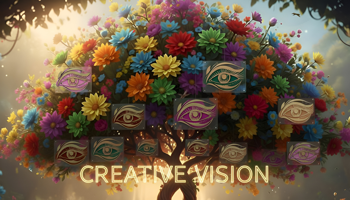 A colorful tree with vibrant flowers and eye symbols, with the text 'CREATIVE VISION' at the bottom.